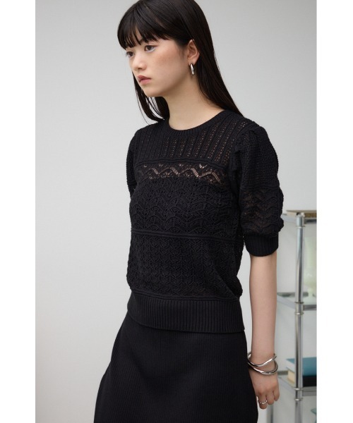 AZUL by moussy(アズールバイマウジー)の「レース半袖ニットトップス(ニット/セーター・レディース・ダークブルー/オフホワイト/ブラック・FREE)」の12枚目の写真