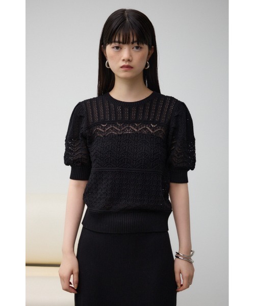AZUL by moussy(アズールバイマウジー)の「レース半袖ニットトップス(ニット/セーター・レディース・ダークブルー/オフホワイト/ブラック・FREE)」の14枚目の写真