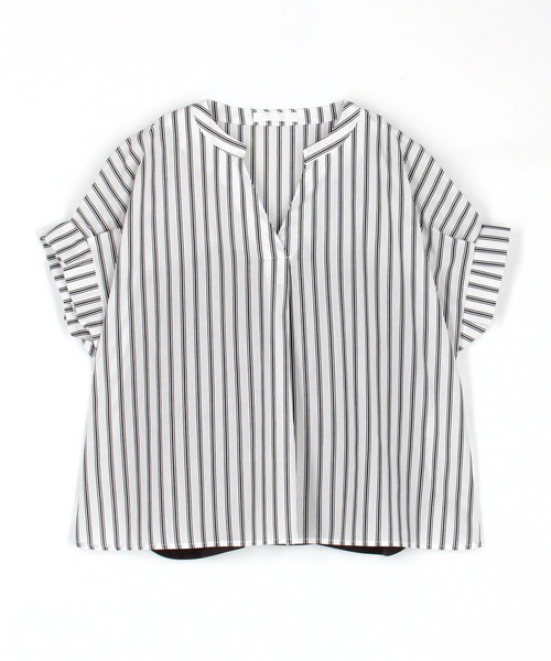 NICOLE white（ニコルホワイト）の「異素材切り替えストライプブラウス（シャツ/ブラウス・レディース・ブルー/ブラック/オフホワイト・FREE）」の4枚目の写真
