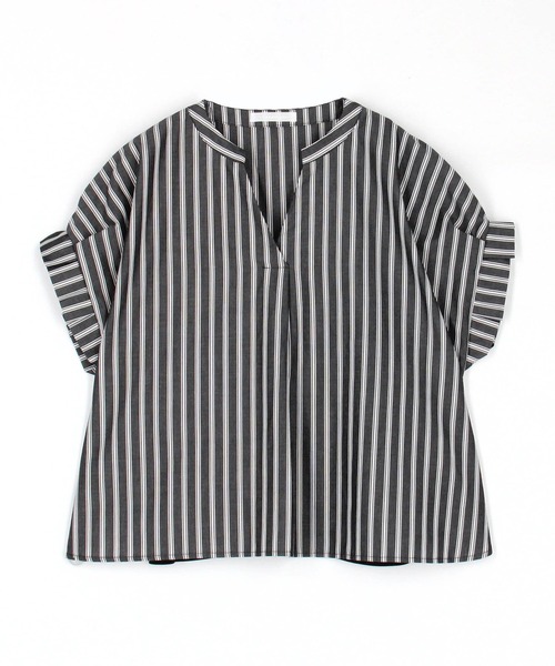 NICOLE white（ニコルホワイト）の「異素材切り替えストライプブラウス（シャツ/ブラウス・レディース・ブルー/ブラック/オフホワイト・FREE）」の6枚目の写真