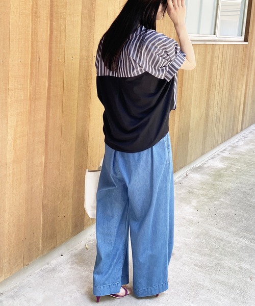 NICOLE white（ニコルホワイト）の「異素材切り替えストライプブラウス（シャツ/ブラウス・レディース・ブルー/ブラック/オフホワイト・FREE）」の20枚目の写真