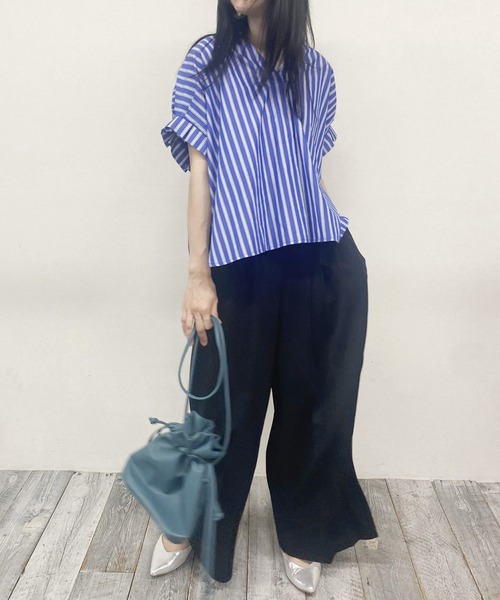 NICOLE white（ニコルホワイト）の「異素材切り替えストライプブラウス（シャツ/ブラウス・レディース・ブルー/ブラック/オフホワイト・FREE）」の21枚目の写真