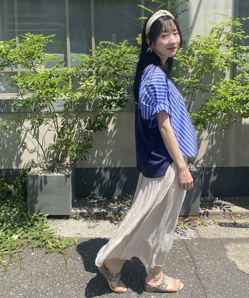 NICOLE white（ニコルホワイト）の「異素材切り替えストライプブラウス（シャツ/ブラウス・レディース・ブルー/ブラック/オフホワイト・FREE）」の22枚目の写真