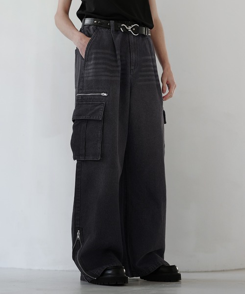 セール】マルチギミックドレープサイドジップスリットカーゴパンツ