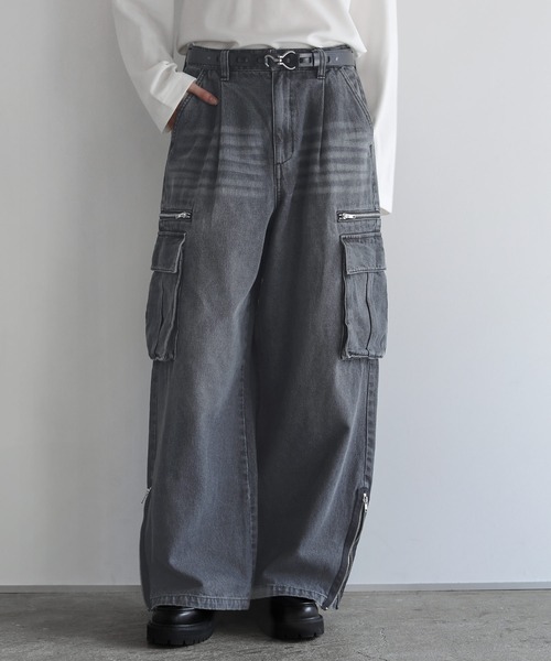 セール】マルチギミックドレープサイドジップスリットカーゴパンツ