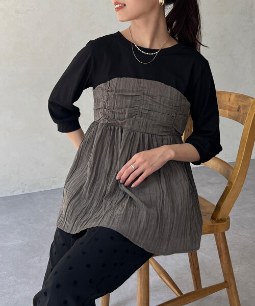 Chez toi（シェトワ）の「【インせず着れる】ビスチェドッキング6分袖プルオーバー（Tシャツ/カットソー・レディース・チャコールグレー/ブラック/オレンジ・FREE）」の2枚目の写真