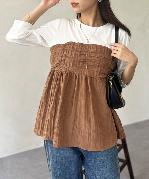 Chez toi（シェトワ）の「【インせず着れる】ビスチェドッキング6分袖プルオーバー（Tシャツ/カットソー・レディース・チャコールグレー/ブラック/オレンジ・FREE）」の3枚目の写真