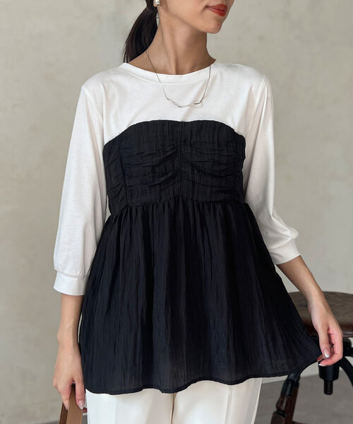 Chez toi（シェトワ）の「【インせず着れる】ビスチェドッキング6分袖プルオーバー（Tシャツ/カットソー・レディース・チャコールグレー/ブラック/オレンジ・FREE）」の4枚目の写真