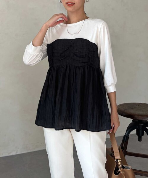 Chez toi（シェトワ）の「【インせず着れる】ビスチェドッキング6分袖プルオーバー（Tシャツ/カットソー・レディース・チャコールグレー/ブラック/オレンジ・FREE）」の6枚目の写真
