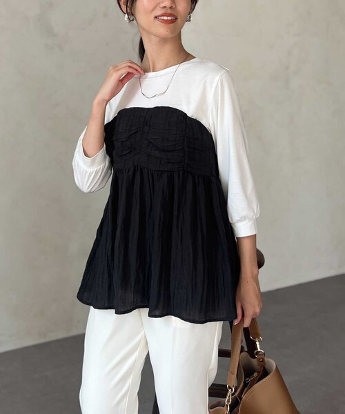 Chez toi（シェトワ）の「【インせず着れる】ビスチェドッキング6分袖プルオーバー（Tシャツ/カットソー・レディース・チャコールグレー/ブラック/オレンジ・FREE）」の7枚目の写真