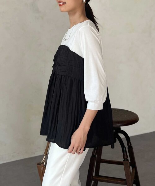 Chez toi（シェトワ）の「【インせず着れる】ビスチェドッキング6分袖プルオーバー（Tシャツ/カットソー・レディース・チャコールグレー/ブラック/オレンジ・FREE）」の8枚目の写真