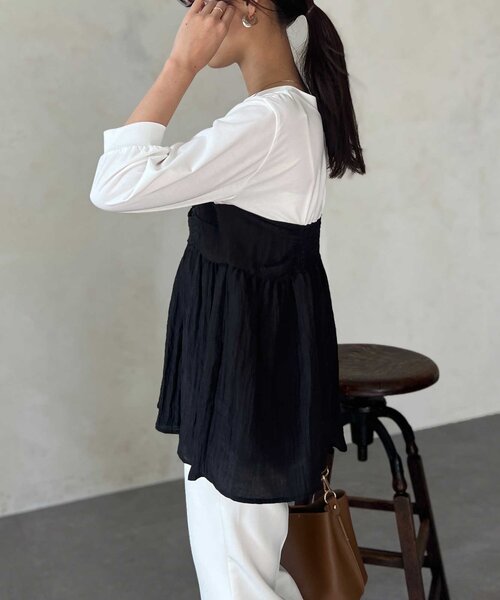Chez toi（シェトワ）の「【インせず着れる】ビスチェドッキング6分袖プルオーバー（Tシャツ/カットソー・レディース・チャコールグレー/ブラック/オレンジ・FREE）」の9枚目の写真
