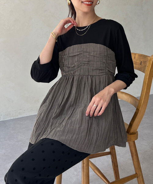 Chez toi（シェトワ）の「【インせず着れる】ビスチェドッキング6分袖プルオーバー（Tシャツ/カットソー・レディース・チャコールグレー/ブラック/オレンジ・FREE）」の14枚目の写真