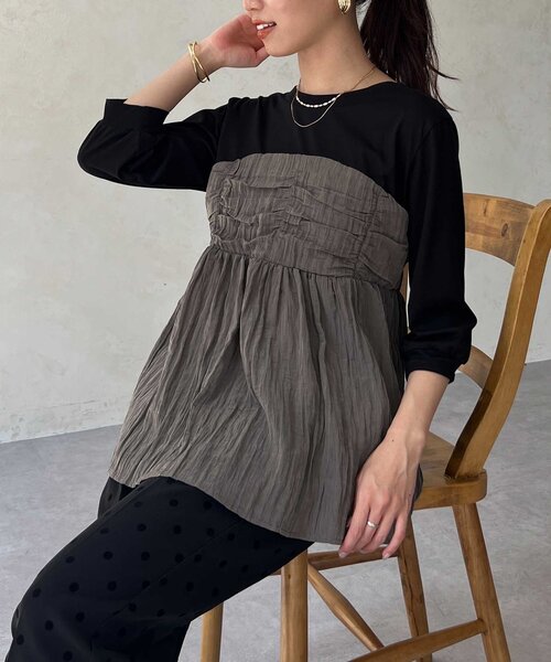 Chez toi（シェトワ）の「【インせず着れる】ビスチェドッキング6分袖プルオーバー（Tシャツ/カットソー・レディース・チャコールグレー/ブラック/オレンジ・FREE）」の15枚目の写真