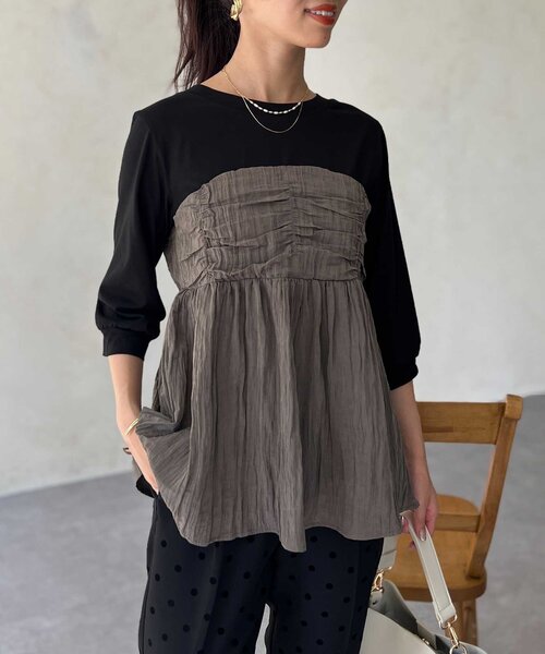 Chez toi（シェトワ）の「【インせず着れる】ビスチェドッキング6分袖プルオーバー（Tシャツ/カットソー・レディース・チャコールグレー/ブラック/オレンジ・FREE）」の16枚目の写真