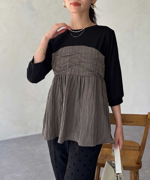 Chez toi（シェトワ）の「【インせず着れる】ビスチェドッキング6分袖プルオーバー（Tシャツ/カットソー・レディース・チャコールグレー/ブラック/オレンジ・FREE）」の17枚目の写真