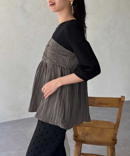 Chez toi（シェトワ）の「【インせず着れる】ビスチェドッキング6分袖プルオーバー（Tシャツ/カットソー・レディース・チャコールグレー/ブラック/オレンジ・FREE）」の19枚目の写真