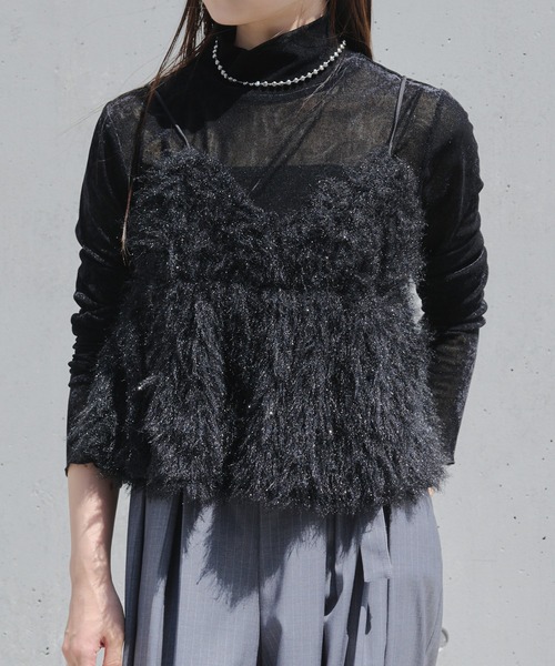 RAY CASSIN(レイカズン)の「シアーベロアフリンジビスチェSET(Tシャツ/カットソー・レディース・アイボリー/ブラック系その他2/グレー系その他2/チャコールグレー・FREE)」の3枚目の写真