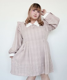 【大きいサイズ】配色角襟フリルタック長袖ワンピース
