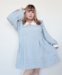【大きいサイズ】配色角襟フリルタック長袖ワンピース
