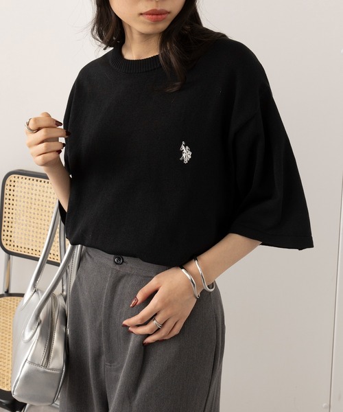 U.S. POLO ASSN.（ユーエスポロアッスン）の「【U.S. POLO ASSN.】ワンポイント半袖バイカラーニット（ニット/セーター・レディース・ホワイト/ネイビー/ベージュ/カーキ/ブラック・S/XL/L/M）」の22枚目の写真