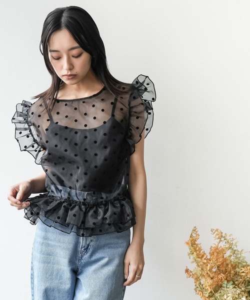 mili an deni（ミリアンデニ）の「ドットチュールトップス（シャツ/ブラウス・レディース・ブラック/グレー/アイボリー・M）」の8枚目の写真