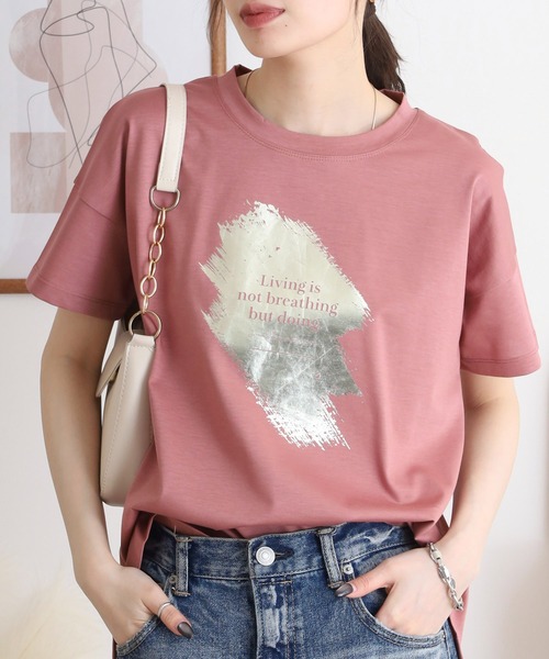 BRODIAEA(ブローディア)の「BRODIAEA 箔プリント 半袖Tシャツ カットソープルオーバー 日本製(Tシャツ/カットソー・レディース・グレー/ピンク/ベージュ/ネイビー/オフホワイト・40)」の5枚目の写真