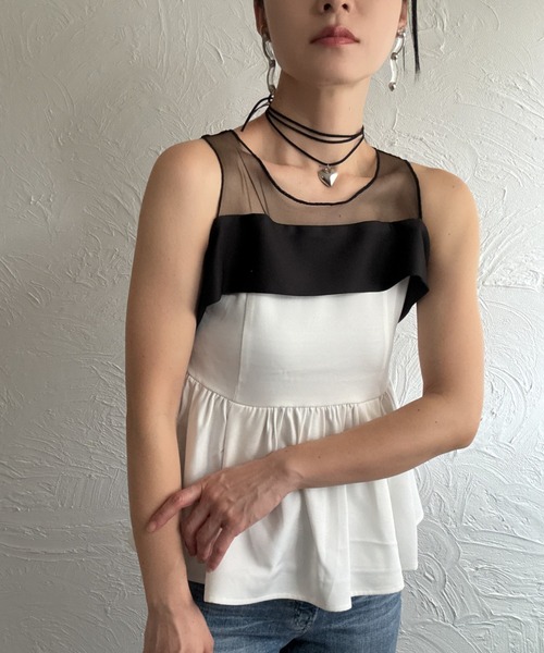 deux amour(ドゥーザムール)の「胸元チュール配色トップス(Tシャツ/カットソー・レディース・ブラック/ホワイト・FREE)」の5枚目の写真