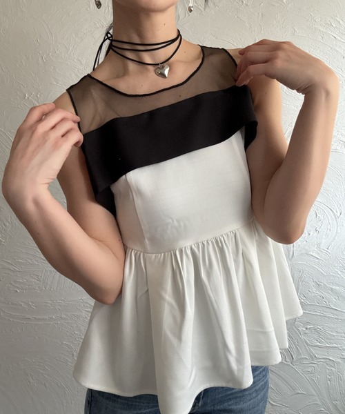 deux amour(ドゥーザムール)の「胸元チュール配色トップス(Tシャツ/カットソー・レディース・ブラック/ホワイト・FREE)」の6枚目の写真
