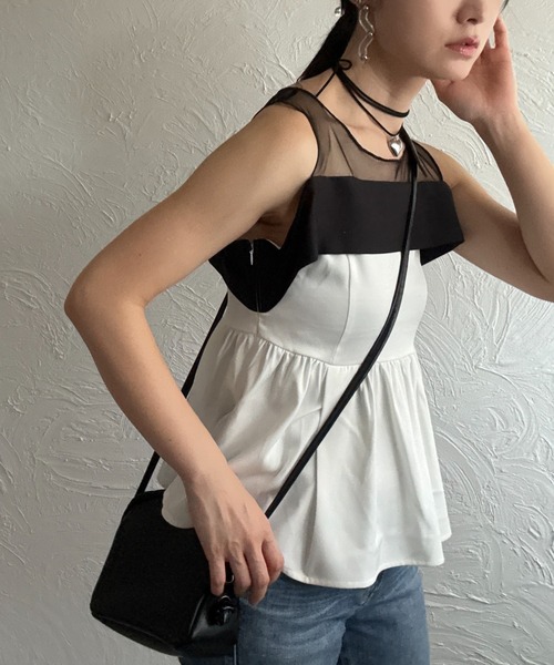 deux amour(ドゥーザムール)の「胸元チュール配色トップス(Tシャツ/カットソー・レディース・ブラック/ホワイト・FREE)」の7枚目の写真