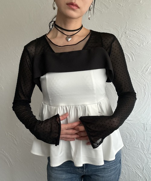 deux amour(ドゥーザムール)の「胸元チュール配色トップス(Tシャツ/カットソー・レディース・ブラック/ホワイト・FREE)」の15枚目の写真