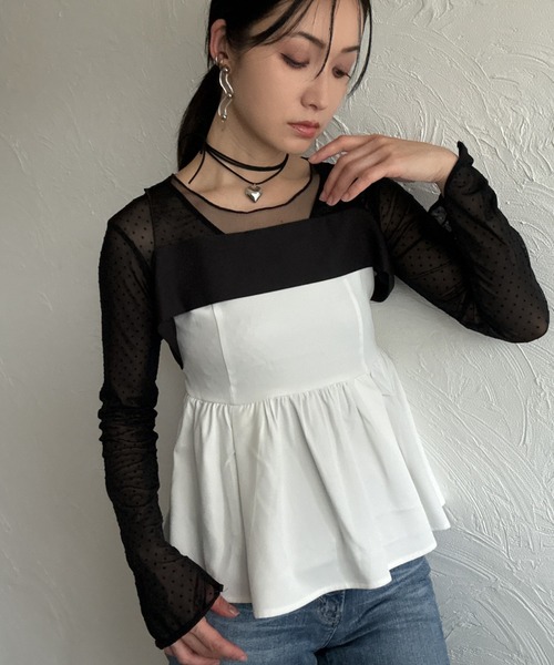 deux amour(ドゥーザムール)の「胸元チュール配色トップス(Tシャツ/カットソー・レディース・ブラック/ホワイト・FREE)」の8枚目の写真