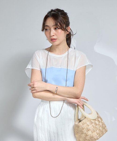 La boutique BonBon(ラブティックボンボン)の「シアー切り替えビスチェ風フレンチカットソー(Tシャツ/カットソー・レディース・サックスブルー/ネイビー/ホワイト・FREE)」の12枚目の写真