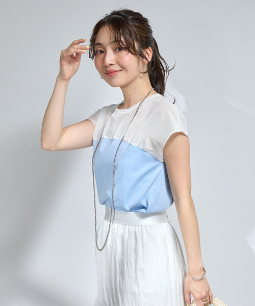 La boutique BonBon(ラブティックボンボン)の「シアー切り替えビスチェ風フレンチカットソー(Tシャツ/カットソー・レディース・サックスブルー/ネイビー/ホワイト・FREE)」の13枚目の写真