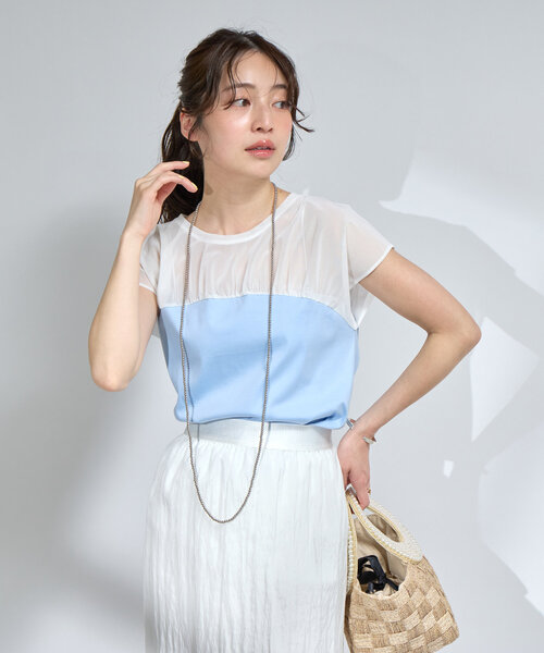 La boutique BonBon(ラブティックボンボン)の「シアー切り替えビスチェ風フレンチカットソー(Tシャツ/カットソー・レディース・サックスブルー/ネイビー/ホワイト・FREE)」の15枚目の写真