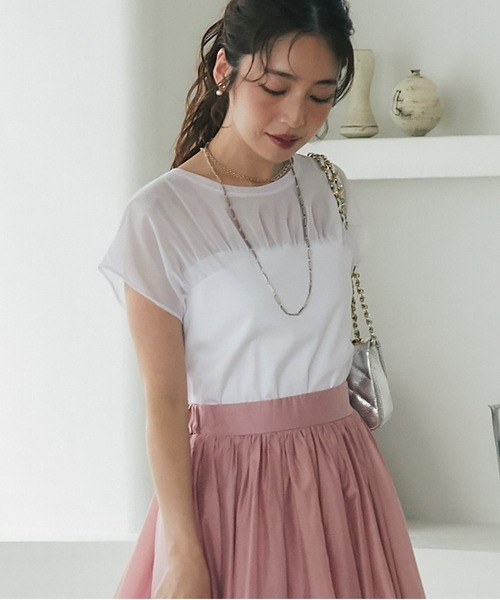 La boutique BonBon(ラブティックボンボン)の「シアー切り替えビスチェ風フレンチカットソー(Tシャツ/カットソー・レディース・サックスブルー/ネイビー/ホワイト・FREE)」の2枚目の写真