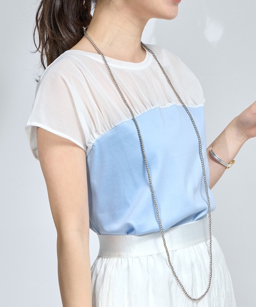 La boutique BonBon(ラブティックボンボン)の「シアー切り替えビスチェ風フレンチカットソー(Tシャツ/カットソー・レディース・サックスブルー/ネイビー/ホワイト・FREE)」の1枚目の写真