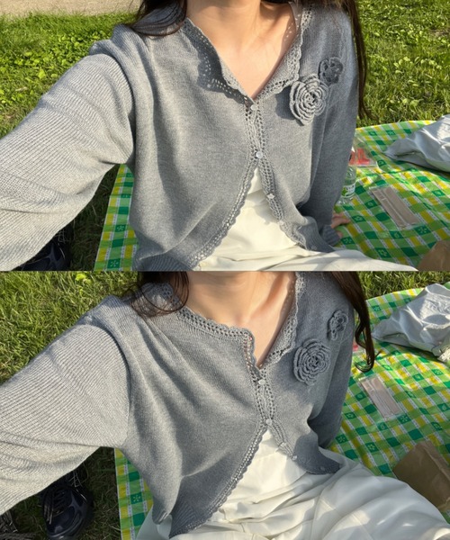 GIUNON(ジウノン)の「flower knit cardigan / フラワーニットカーディガン(カーディガン/ボレロ・レディース・グレー/ピンク/ブルー/アイボリー・FREE)」の15枚目の写真