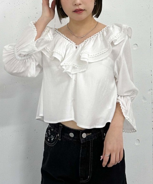 archives（アルシーヴ）の「ピコレースラッフル２ｗａｙブラウス（シャツ/ブラウス・レディース・ブラック/オフホワイト/イエロー・MEDIUM）」の5枚目の写真