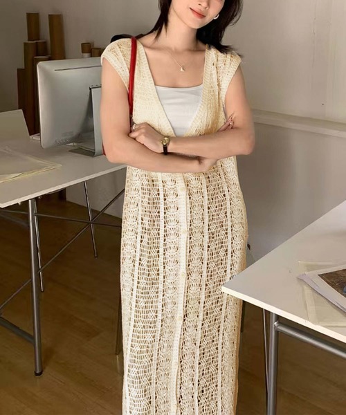 かぐれ 淡いベージュ ニット ノースリーブ ロングワンピース