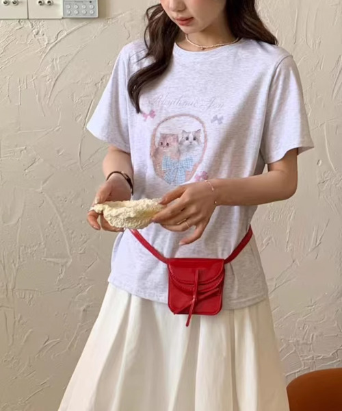VIVID LADY（ビビッドレディー）の「ネコプリント 半袖カットソー（Tシャツ/カットソー・レディース・ライトグレー/ホワイト/イエロー・FREE）」の2枚目の写真