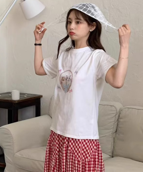 VIVID LADY（ビビッドレディー）の「ネコプリント 半袖カットソー（Tシャツ/カットソー・レディース・ライトグレー/ホワイト/イエロー・FREE）」の4枚目の写真