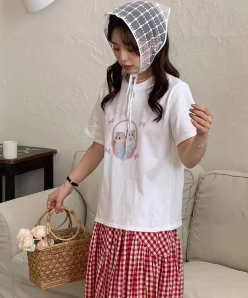 VIVID LADY（ビビッドレディー）の「ネコプリント 半袖カットソー（Tシャツ/カットソー・レディース・ライトグレー/ホワイト/イエロー・FREE）」の5枚目の写真