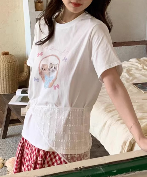 VIVID LADY（ビビッドレディー）の「ネコプリント 半袖カットソー（Tシャツ/カットソー・レディース・ライトグレー/ホワイト/イエロー・FREE）」の11枚目の写真