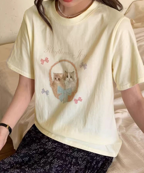 VIVID LADY（ビビッドレディー）の「ネコプリント 半袖カットソー（Tシャツ/カットソー・レディース・ライトグレー/ホワイト/イエロー・FREE）」の8枚目の写真