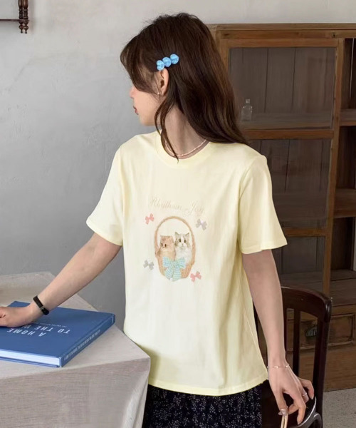 VIVID LADY（ビビッドレディー）の「ネコプリント 半袖カットソー（Tシャツ/カットソー・レディース・ライトグレー/ホワイト/イエロー・FREE）」の12枚目の写真