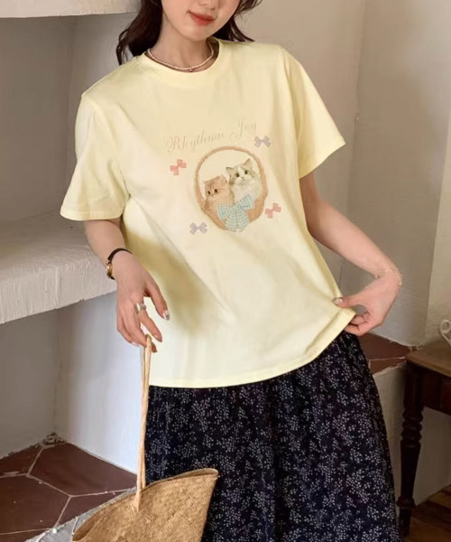 VIVID LADY（ビビッドレディー）の「ネコプリント 半袖カットソー（Tシャツ/カットソー・レディース・ライトグレー/ホワイト/イエロー・FREE）」の9枚目の写真