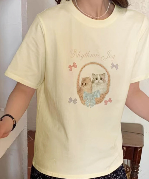 VIVID LADY（ビビッドレディー）の「ネコプリント 半袖カットソー（Tシャツ/カットソー・レディース・ライトグレー/ホワイト/イエロー・FREE）」の13枚目の写真