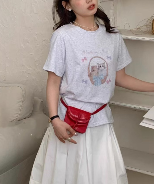 VIVID LADY（ビビッドレディー）の「ネコプリント 半袖カットソー（Tシャツ/カットソー・レディース・ライトグレー/ホワイト/イエロー・FREE）」の6枚目の写真