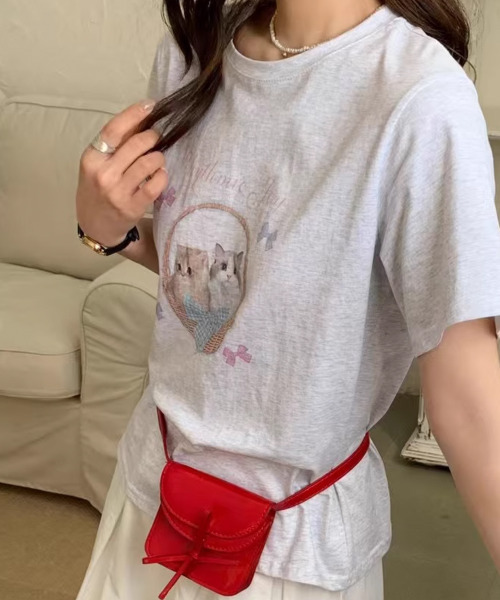 VIVID LADY（ビビッドレディー）の「ネコプリント 半袖カットソー（Tシャツ/カットソー・レディース・ライトグレー/ホワイト/イエロー・FREE）」の7枚目の写真